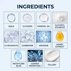 Close-up van VIARELINE vochtinbrengende crème ingrediënten met glycerine en honingextract.