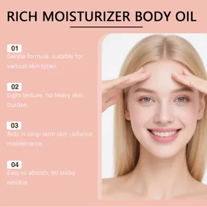 Detail view of moisturizing body oil benefits with smiling female model