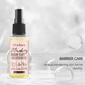 Macro view of OceAura Strawberry Sugar Fluff Shea Butter Body Oil for skin barrier care.