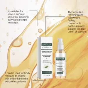 Detailansicht von 100ml Collagen Lifting Body Oil mit flüssiger Textur im Hintergrund.