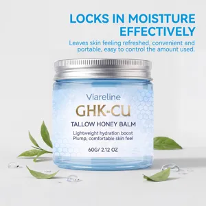 Gedetailleerde weergave van VIARELINE GHK-CU Tallow Honey Balm in blauwe glazen pot