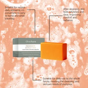 Vue détaillée du savon OceAura à l'extrait de kaki sur fond de mousse nettoyante riche