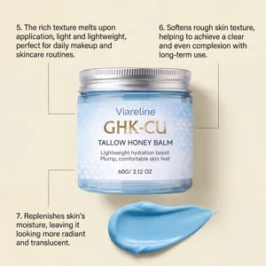 Detail van Viareline GHK-CU Tallow Honey Balm pot met lichtblauwe crème textuur