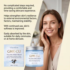 Voordelen en verpakking van Viareline GHK-CU Tallow Honey Balm voor dagelijkse huidverzorging.