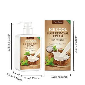 Dimensiones detalladas del frasco y la caja de la crema depilatoria OceAura Ice Cool