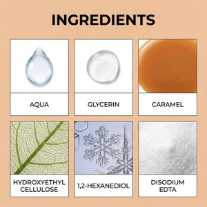 Photos macro et liste des ingrédients de l'huile de bronzage avec aqua et caramel