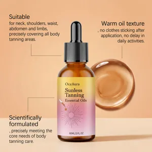 Détail de l'huile de bronzage OceAura montrant la texture liquide et les bienfaits