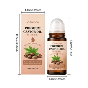 Vista dettagliata dell'olio di ricino premium con roller e confezione con misure