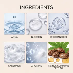 Ingredienti chiave del siero all'olio di ricino tra cui aqua, glicerina e olio