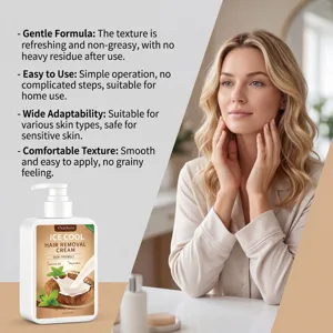Crema depilatoria facial OceAura mostrada con una modelo en un entorno de baño