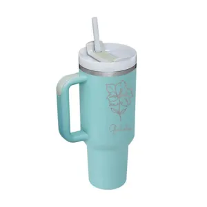 Detail view of 30oz insulated stainless steel tumbler with Gladiolus birth flower engraving