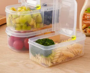 Transparent plastic multi-compartment bento lunch box filled with fresh fruit and food.