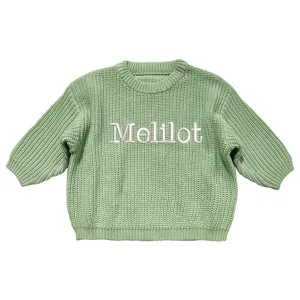Detailed macro view of custom embroidered Melilot name on sage green knitted girl sweater