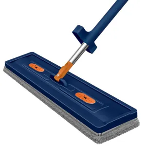 Hand-free flat mop with microfiber pad for dry and wet floor cleaning, spray cleaning tool.