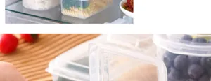 Clear plastic food storage box detail, airtight container for fridge and bento meal prep use.