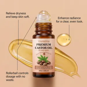 Dettaglio dell'olio di ricino Viareline con rollerball che mostra la texture nutriente