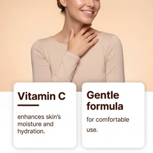 Nahaufnahme strahlender Haut mit Informationen zu Vitamin C Feuchtigkeitsöl und Hydratation