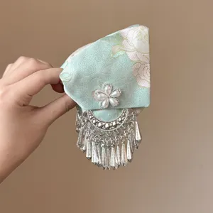 Pinza de Pelo de Estilo Chino Miao Plata con Borla Tela Jacquard Bordado Perla Artificial Grande para Mujeres