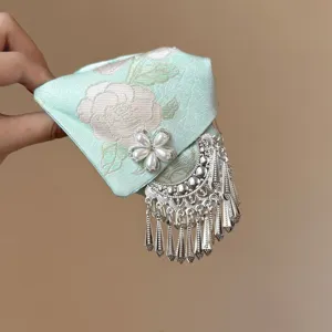Pinza de pelo estilo chino plata Miao borla verde menta bordado flor tiburón