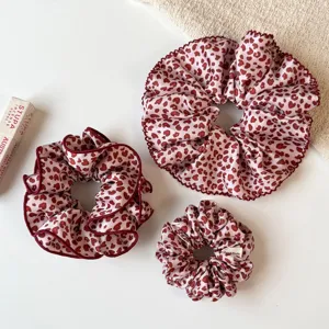 Set chouchous cheveux imprimé léopard cœur, style doux jolis élastiques tissu double.