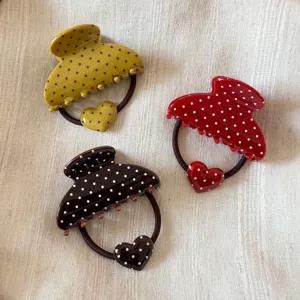 French acetate polka dot hair claw and heart hair tie set, elegant daily styling accessory.