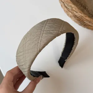 Chic khaki quilted headband for women, wide padded hair hoop with elegant diamond pattern daily.