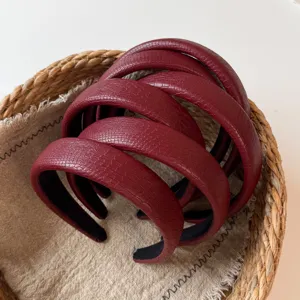 Wine red textured leather headband, sponge high cranial top hair hoop for women retro style.