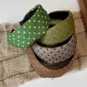 Wide fabric hair hoop with polka dot pattern, elegant green and brown headbands for daily use.