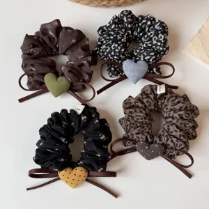 French Style Lazy Bow Knot Heart Mesh Scrunchies Women High Elastic Hair Ties Elegant Leopard Floral Ponytail Holder