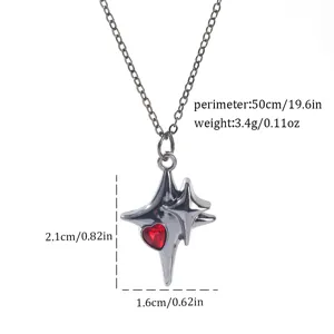 Gothic dark silver star pendant necklace with red heart gemstone and size measurements