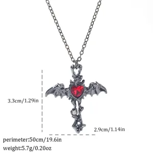 Gothic bat-wing heart cross necklace with 3.3cm height and 2.9cm width specifications