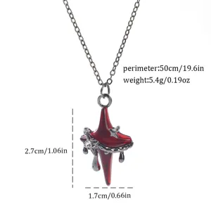 Close-up of Gothic red cross pendant necklace with spider details and dimensions.