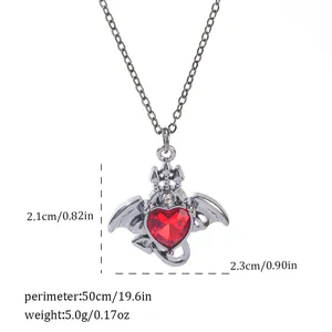 Detailed gothic red heart wing necklace specifications showing size and weight info