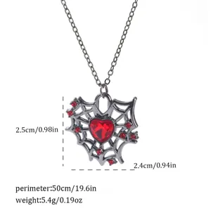 Close-up view of a Gothic spider web heart necklace with red gemstone and size parameters