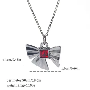 Detailed size specifications for Gothic silver bow necklace featuring a square red gemstone