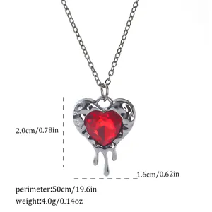 Detail view of Gothic red heart dripping necklace with dimensions and weight specs