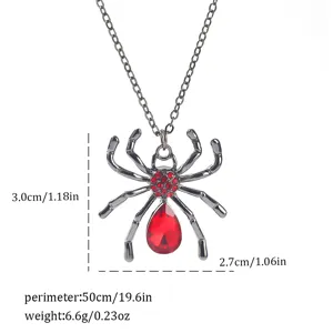 Detail of gothic black spider necklace showing dimensions and red crystal pendant