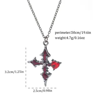 Detail showing Gothic red heart cross necklace dimensions 3.2x2.5cm and weight