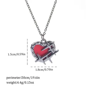 Detail view of Gothic red heart necklace with measurements: 1.5cm height and 1.8cm width.