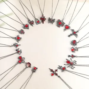 Collection of Gothic necklaces featuring red hearts, spiders, and crosses for Halloween