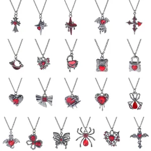 Gothic Exaggerated Red Heart Cross Necklace Halloween Black Spider Butterfly Pendant Alloy Rhinestone Jewelry