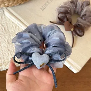 Chouchou de cheveux double couche avec nœud et cœur élégant élastique pour femme chic