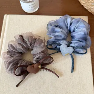 Chouchous double couche moelleux avec nœud et cœur pour femmes, attaches élégantes.