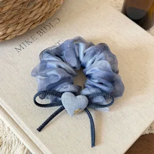 Double couche moelleux nœud cœur chouchou élégant accent en denim bandeau polyvalent pour femmes