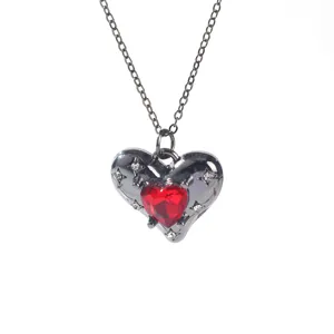 Elegant gothic heart pendant necklace featuring red crystal and black metal chain accessory