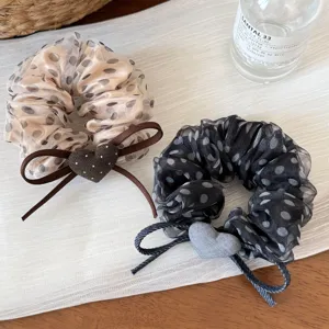 Chouchou à Nœud à Pois en Organza Style Français Attache Cheveux Pendentif Cœur Fait Main Porte-Queue de Cheval pour Femmes