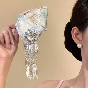 Elegant Chinese style hair claw clip featuring fine embroidery, rhinestones and chic long tassels.