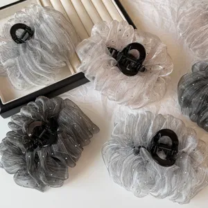 Shimmering organza hair claw clip with rhinestones, cloud-shaped shark clip for thick hair styling.
