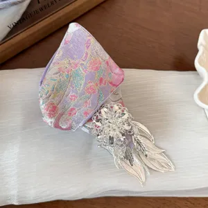 Chinese style embroidered hair claw with silver flower tassel, vintage hair accessory for women.