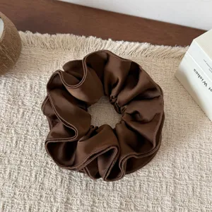 Dark brown satin hair scrunchie with multi-layer ruffled edge, elegant Korean hair tie.